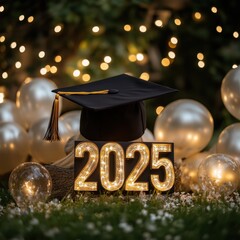 Gold "2025" with graduation cap, confetti, balloons, and glowing lights in festive scene