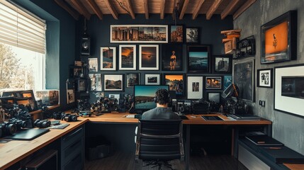 A Creative Haven: A Photographer's Inspiring Workspace Filled with Art, Cameras, and Captured Moments Amidst a Beautifully Designed Room