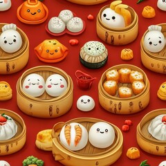 Obraz premium Stylized Cartoon Food Items with Sushi and Baked Goods
