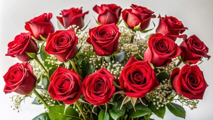 Fototapeta premium Beautiful long-stemmed red roses in a elegant bouquet arrangement on a crisp white canvas background, perfect festive gift idea for a joyful holiday season.