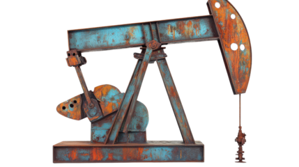 Rusty oil pump jack on a white isolated background. Transparent background