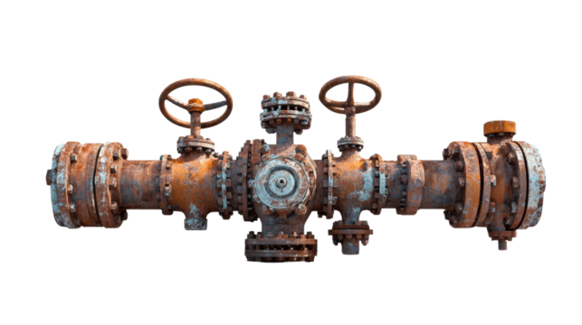 Rusty industrial valve with intricate gears and pipes. Transparent background
