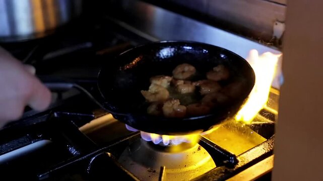 In a kitchen, shrimp sizzle in a wok as they are tossed during frying, accompanied by a large flame on the stove. Slow-motion video showcasing dynamic cooking techniques and seafood preparation