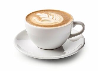 A White Ceramic Mug with Latte Art and Saucer