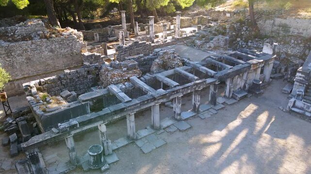 Footage of historical ruins, columns, ancient theater and temples in the ancient city of Priene.