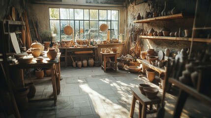 Fototapeta premium Exploring the Artisan's Haven: A Warm and Inviting Pottery Studio Filled with Handcrafted Ceramics and Natural Light