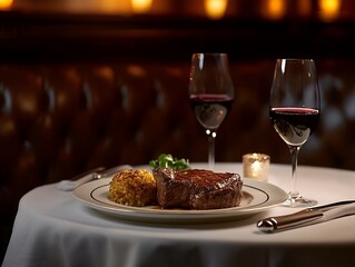 高級ステーキハウスでのディナーと赤ワイン | Dinner and Red Wine at an Upscale Steakhouse