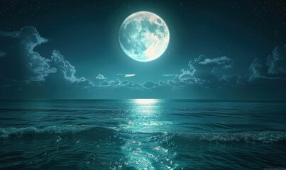Full Moon Illuminating the Ocean at Night