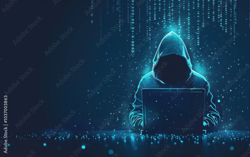 Poster anonymous hacker with laptop in a blue digital environment