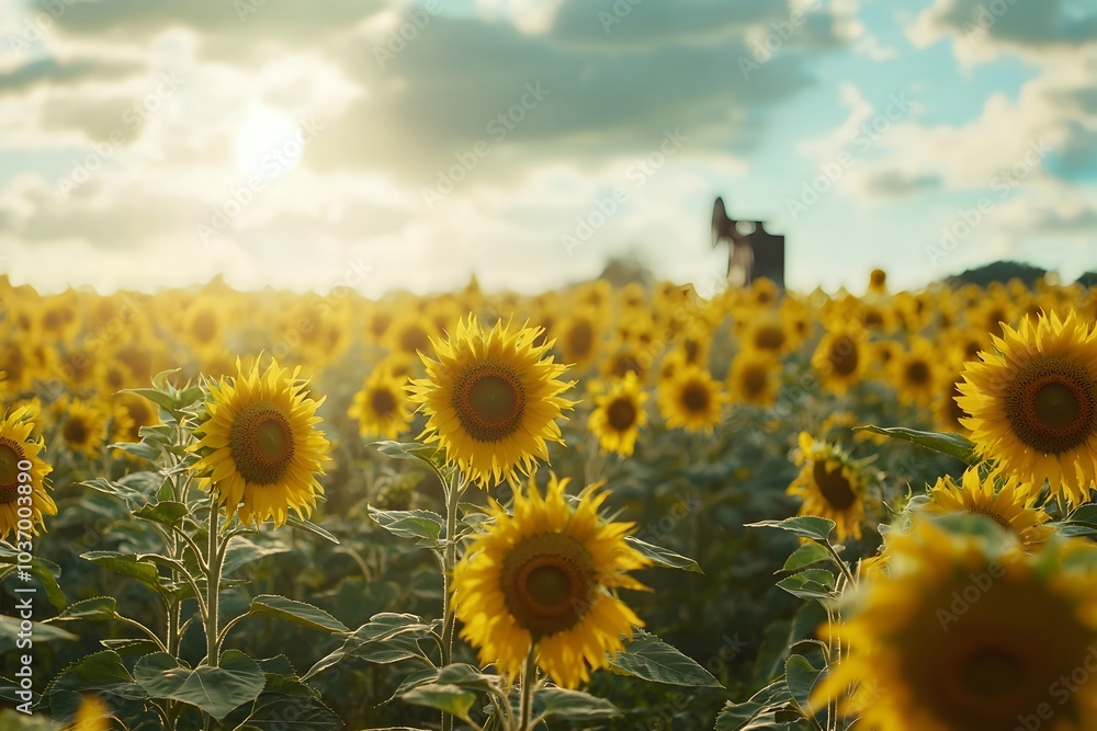 Sticker Sunlit Sunflower Field with Oil Refinery in the Background Natural Oil Production Concept