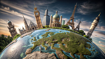 This visual showcases famous global landmarks positioned on a detailed globe, highlighting cultural architecture from various cities against an atmospheric backdrop