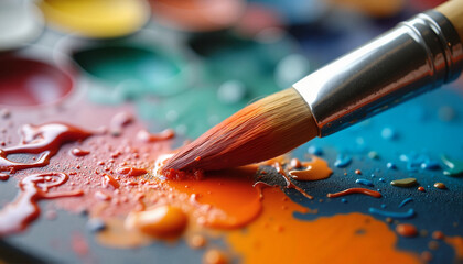 Obraz premium Vibrant paintbrush tip dipping into colorful paint puddle in macro detail