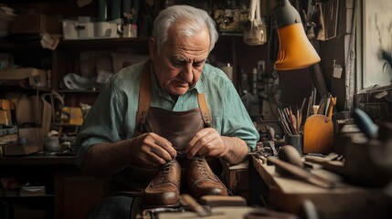The Art of Craftsmanship: A Dedicated Cobbler Perfecting Leather Boots in His Workshop, Surrounded by Tools and a Warm, Inviting Atmosphere of Tradition and Skill