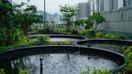 An urban rainwater harvesting system integrated into city infrastructure, conserving water and reducing runoff