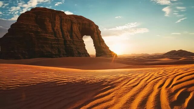 Massive rock formation in desert with orange sand on sunset. Saudi Arabia - Aerial drone view. Arid desert, blue sky timelapse. Cinematic dryland background