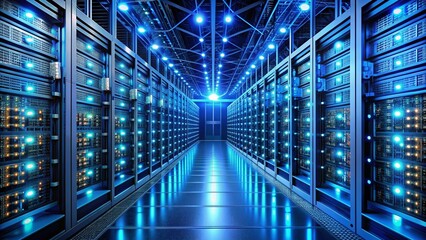Fototapeta premium Rows of sleek servers hum with activity, their glowing blue lights illuminating a complex network of wires, as virtual servers efficiently utilize physical hardware resources.