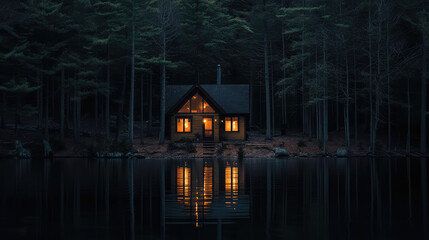 Fototapeta premium dark lakeside cabin, dim lights in windows, eerie shadow, surrounded by tall trees, ominous night