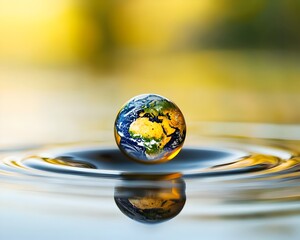Miniature Earth Reflected in Oil Droplet Symbolic of Global Environmental Impact