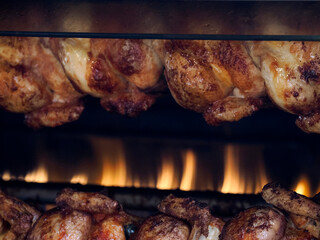 many chickens on the rotisserie Close-up shot of a steamy rotisserie machine window Grilled roasted whole chickens with tasty golden-yellow roasted skin on a turning spit in a row