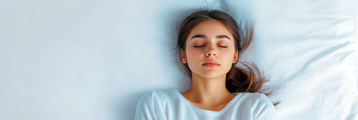 Beautiful woman in bed with closed eyes. white background. Top view. World Sleep Day. Rest and relax. Horizontal banner. Copy space. Awareness about importance of sleep and insomnia problem