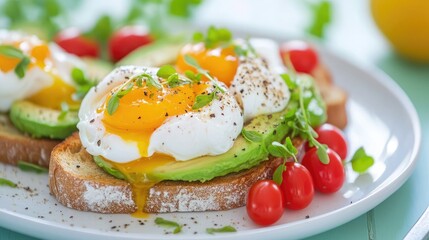 Delicious Avocado Toast with Poached Eggs and Tomatoes
