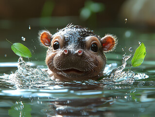 A cute baby hippo playfully splashing in a water tub, with clear water splashing out the sides. surrounded by soft greenery, creating a lively and adorable moment full of joy and innocence.