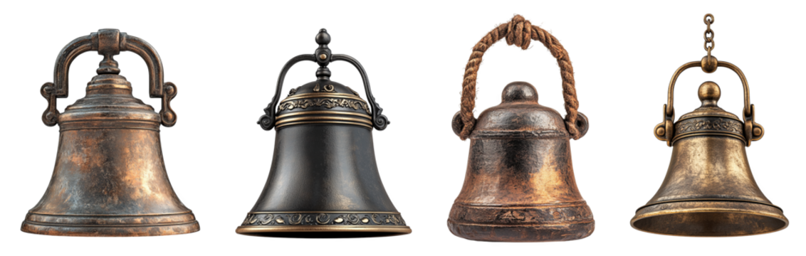 Vintage decorative bells collection antique metal craftsmanship transparent background