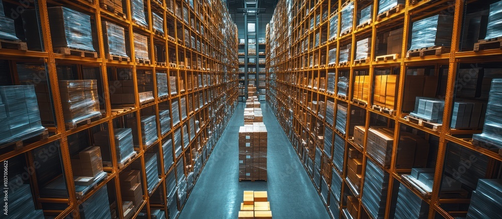 Poster a spacious warehouse filled with neatly stacked pallets for storage and distribution.