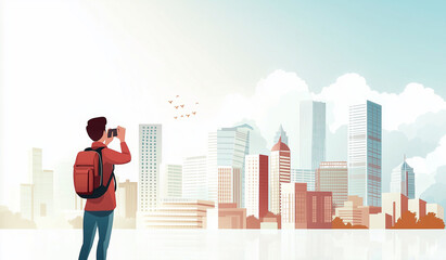 Fototapeta premium Minimalist Cityscape with a Single Tourist Taking a Photo, Clean Architecture, generative ai