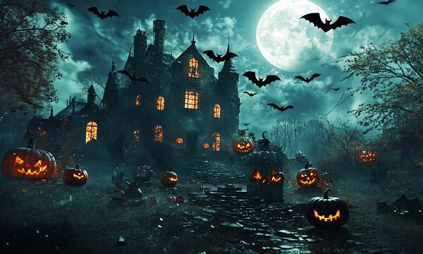 A spooky Halloween scene featuring a haunted house, bats, and carved pumpkins under a full moon.