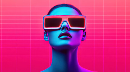 Futuristic vision a stunning portrait of a model wearing high-tech sunglasses against a vibrant neon background