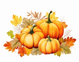 Three Pumpkins with Autumn Leaves on a White Background