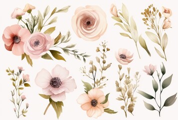 Fototapeta premium Watercolor Illustration of Delicate Pastel Flowers and Greenery