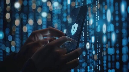Close up view of hacker using smartphone with binary code on the background
