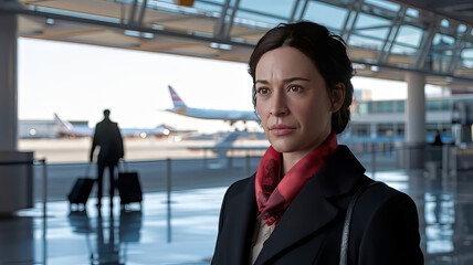 travel concept, woman at airport waiting with luggage at airport with planes taking off in background, planes at airport,
