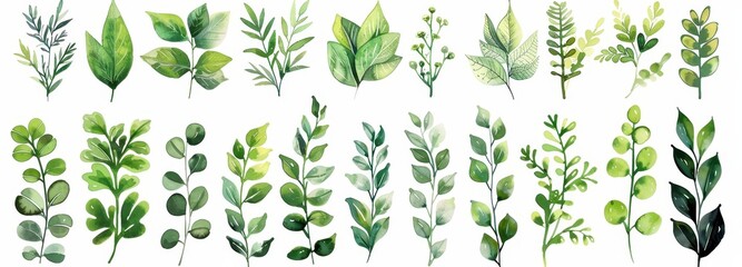 Watercolor Illustration of Various Green Leaves and Branches