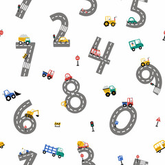 Seamless pattern with cute various colored cars and cartoon numbers from 1 to 9 on a white background. Drawing for children's textiles with cars and vehicles for boys. Kids car background. 