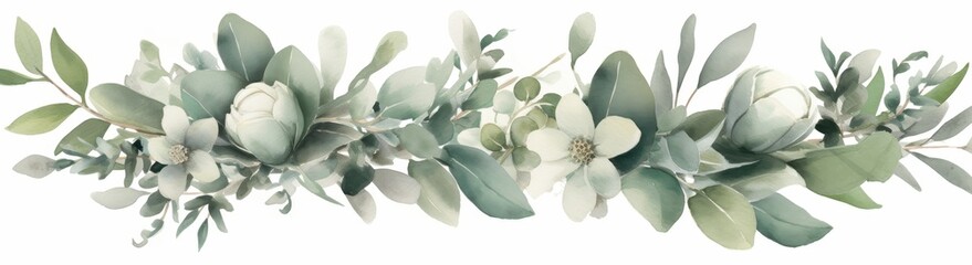 Obraz premium Watercolor Painting of White Flowers and Green Leaves
