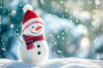 Happy snowman standing in christmas landscape
