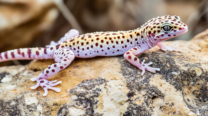 Leopard Gecko on Natural Stone Surface with Detailed Spots and Pink Legs