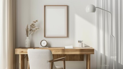 A minimalist desk setup in a home office with white walls and wood tones. The desk features a blank picture frame and a single elegant pen. Gentle