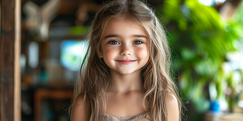 Fototapeta premium Portrait of a beautiful little girl looking at the camera