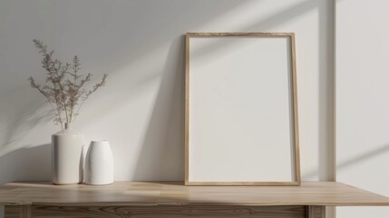 A minimalist desk setup with white walls and wood accents. The desk has a blank picture frame and a single elegant vase. Bright