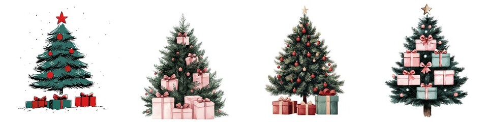watercolor Four festive Christmas trees adorned with ornaments and surrounded by beautifully wrapped gifts, celebrating the holiday spirit.