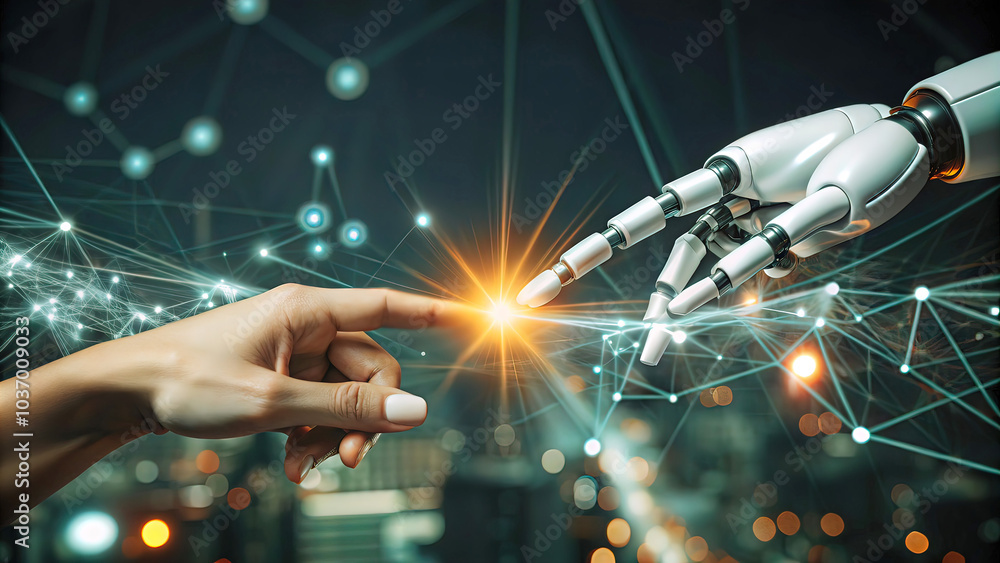 Aufkleber human hand touching robot hand touching large network connection, electrical signals, program codes