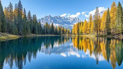 A serene alpine lake with golden larch trees reflecting in the clear water, majestic mountains in the background.