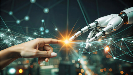 human hand touching robot hand touching large network connection, electrical signals, program codes