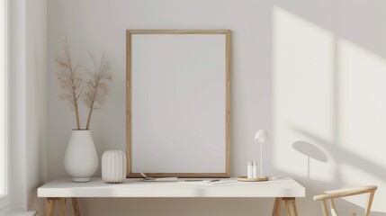 A minimalist desk setup with white walls and wooden accents. The desk highlights a blank picture frame and a small plant. Bright