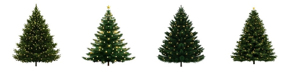 Four Christmas trees displayed side by side, showcasing different shades and styles, ideal for festive decorations and holiday themes.