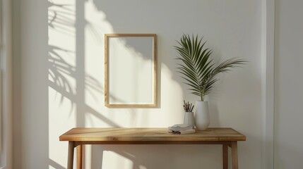 A minimalist desk setup with white walls and wooden accents. The desk has a blank picture frame and a single decorative item. Bright